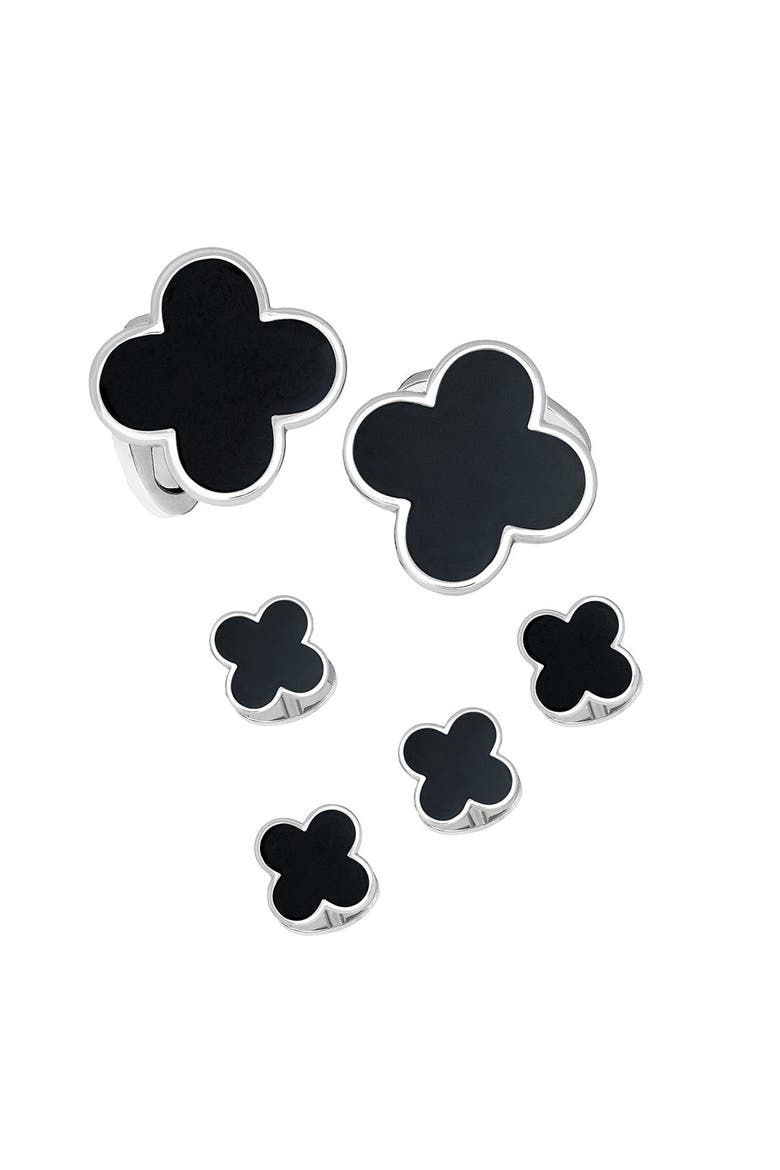 Four Leaf Clover Sterling Cufflinks & Studs, Main, color, BLACK