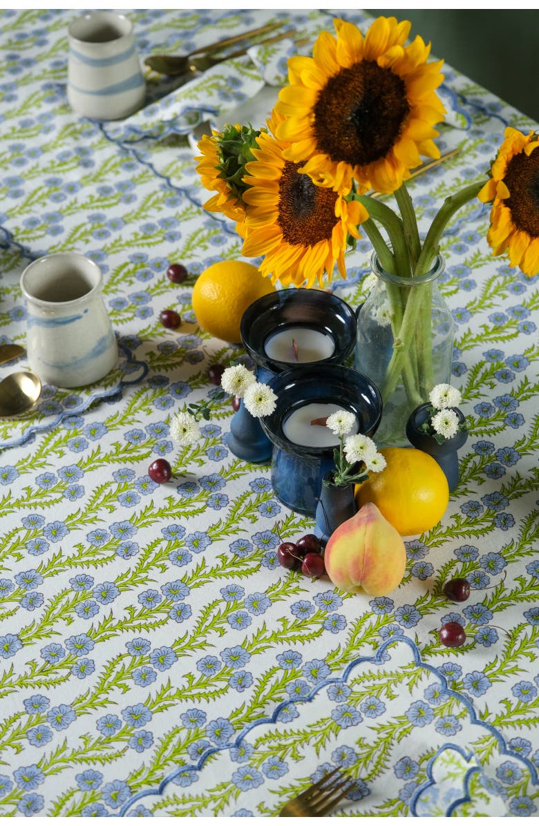 Inner Child Forget-Me-Not Scallop Embroidered Blockprint Tablecloth, Alternate, color, 60X90