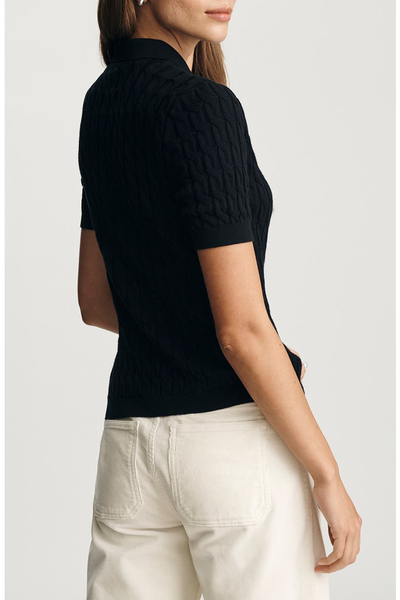 Cable Stitch Short Sleeve Cotton & Cashmere Polo Sweater, Alternate, color, BLACK