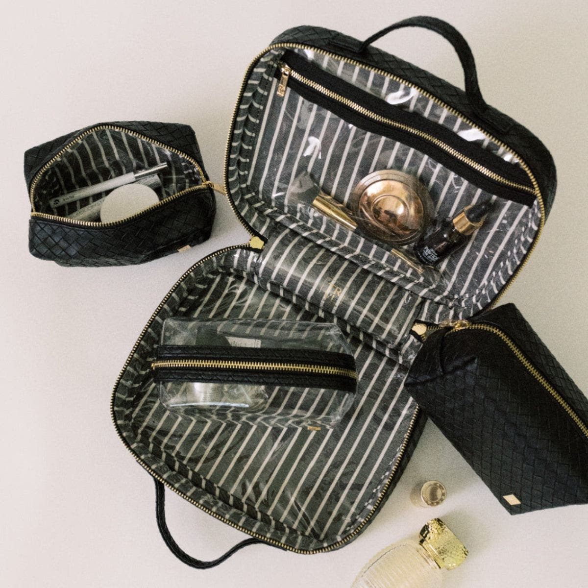 Woven Jet Makeup Bag, Alternate, color, Black