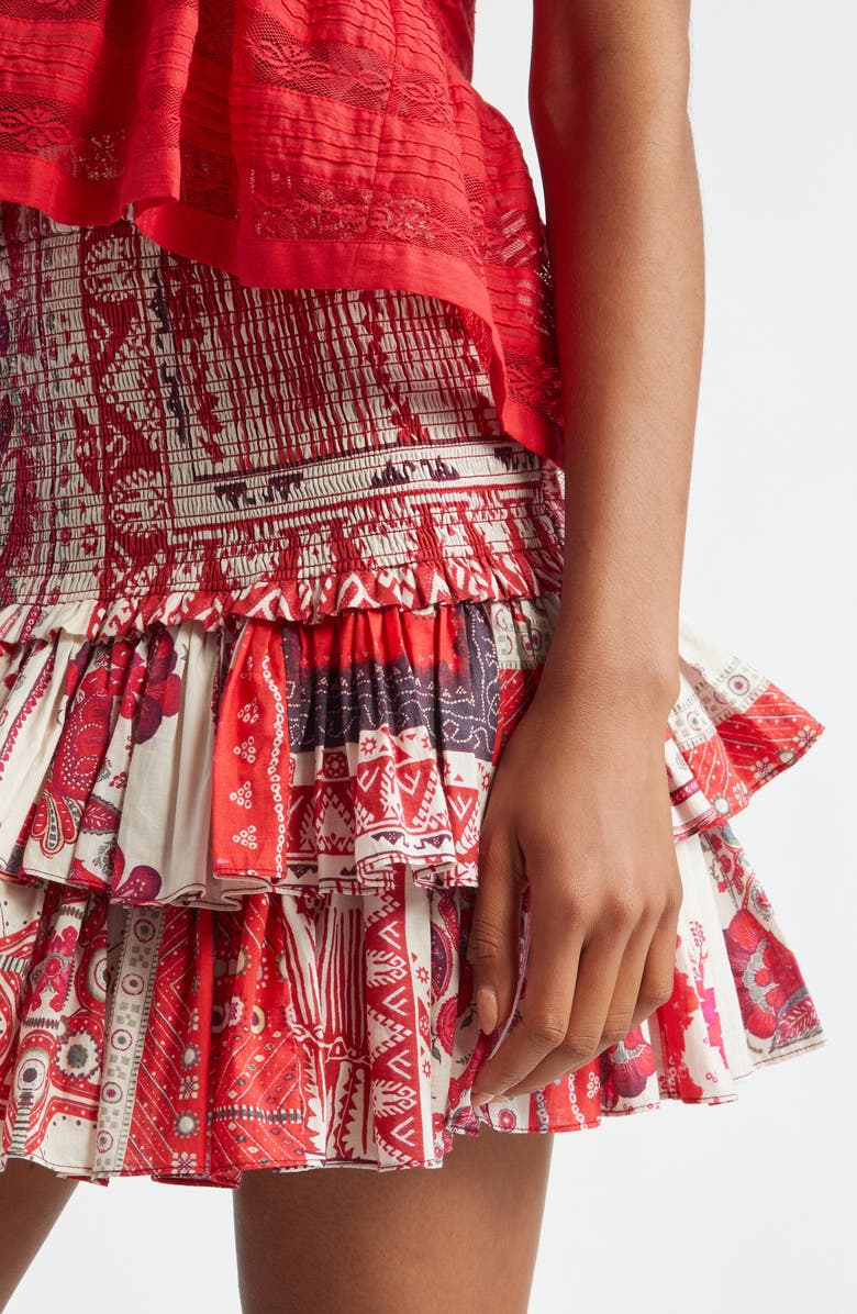 Isabel Marant Étoile Naomi Smocked Tiered Ruffle Miniskirt, Alternate, color, Red/ Ecru