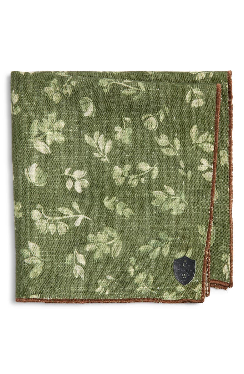 CLIFTON WILSON Floral Linen Pocket Square, Main, color, Olive