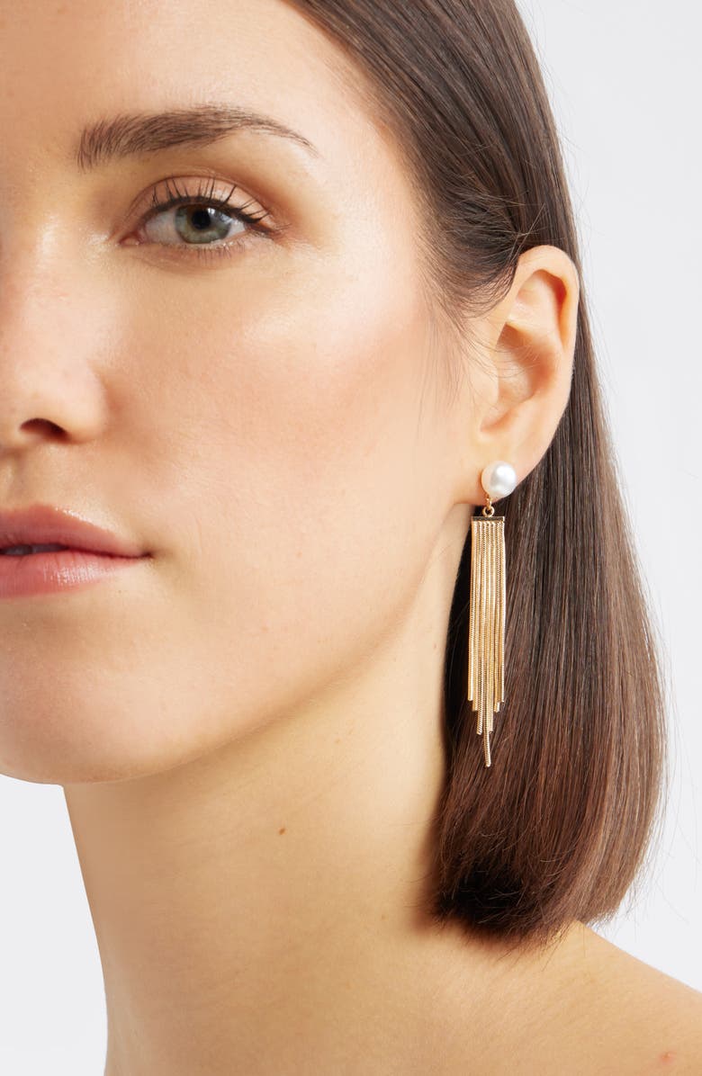 Nordstrom Chain Fringe Faux Pearl Drop Earrings, Alternate, color, White- Gold