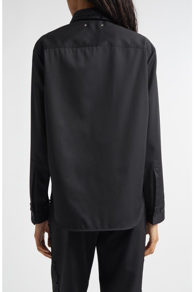 Journey Floral Beaded Virgin Wool Twill Button-Up Shirt, Alternate, color, BLACK