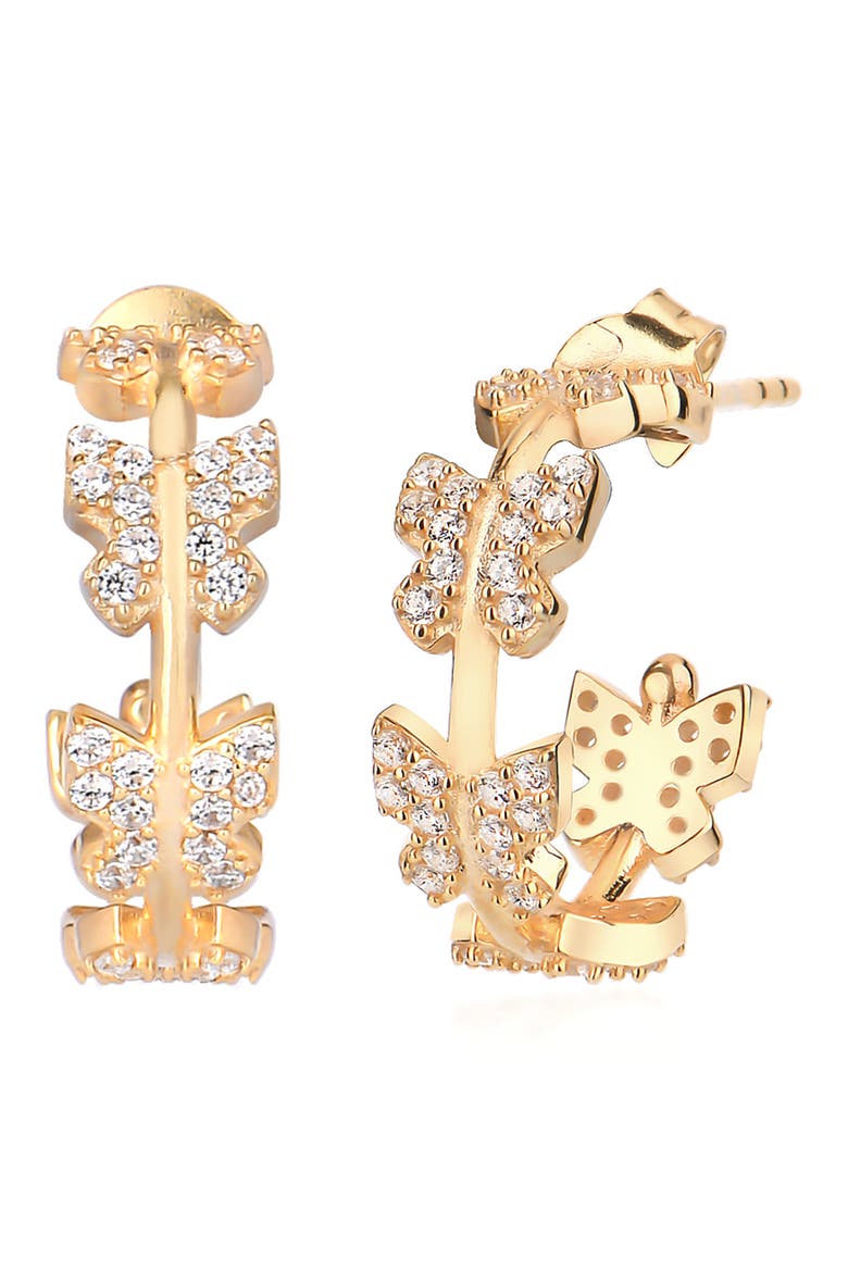 14K Gold Plated Sterling Silver CZ Butterfly Mini Hoop Earrings, Main, color, GOLD