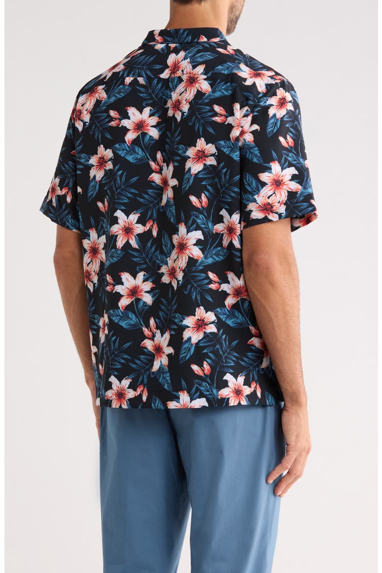Hibiscus Print Seersucker Camp Shirt, Alternate, color, TRUE BLACK