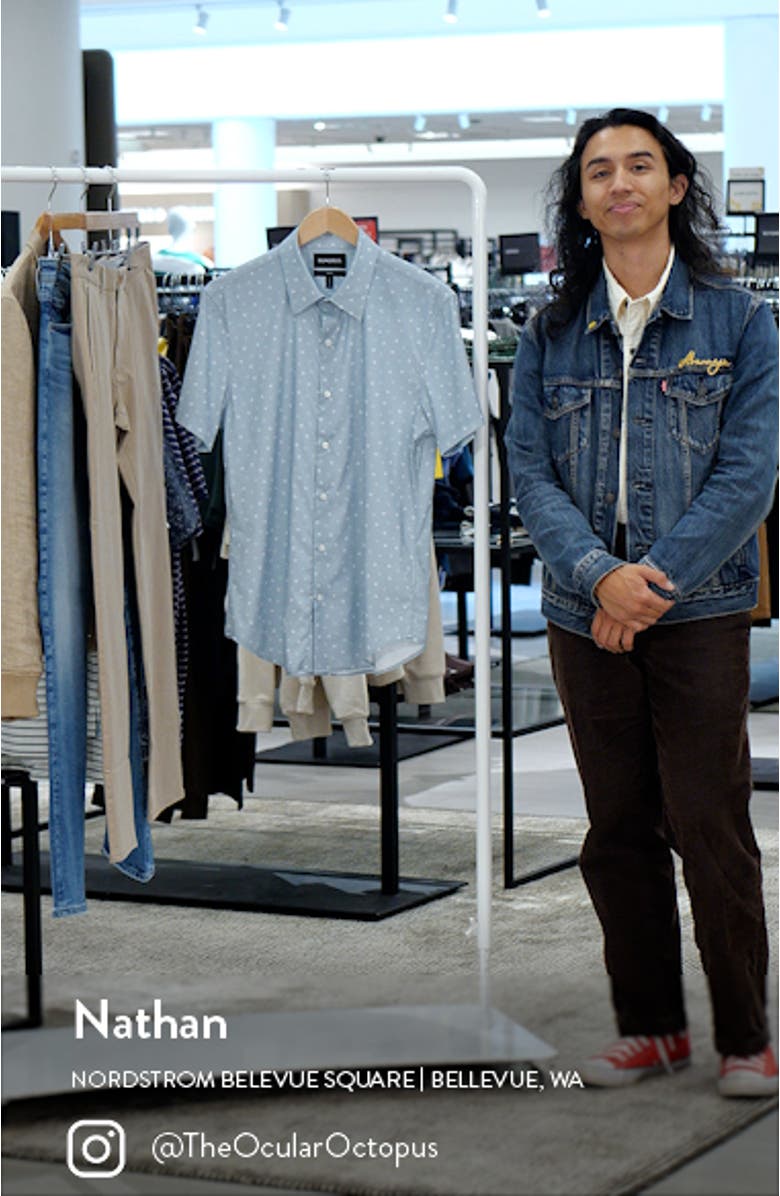 Slim Fit Dot Print Short Sleeve Stretch Button-Up Shirt, sales video thumbnail