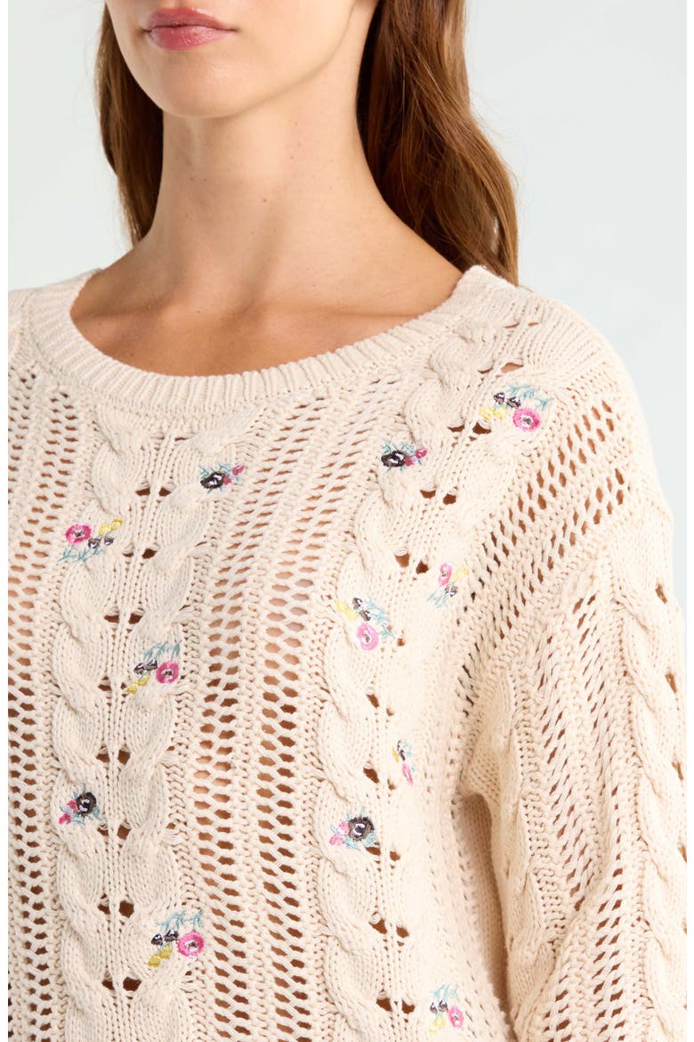 Floral Embroidered Cotton Blend Sweater, Alternate, color, WHITECAP GRAY
