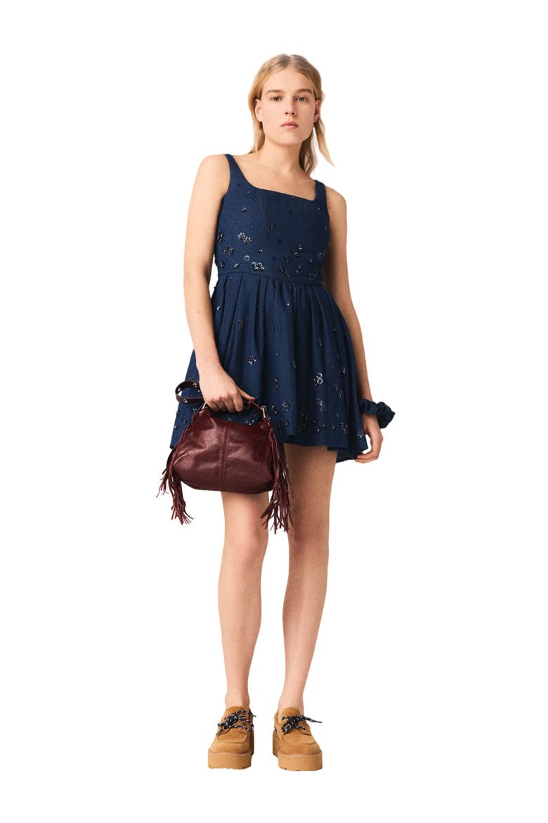Flared embroidered denim dress, Main, color, Navy