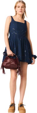 maje Flared embroidered denim dress