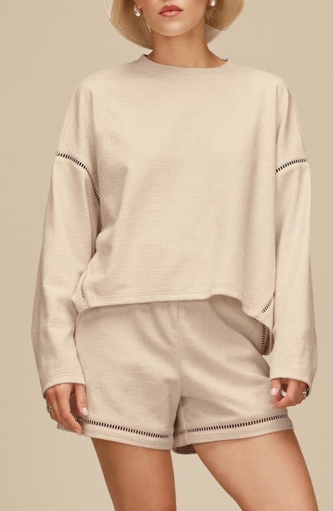 Hayvie Ladder Stitch Drop Shoulder Stretch Cotton Blend Pajama Top