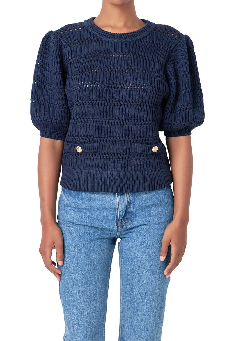 Puff Sleeve Knit Top, Alternate, color, NAVY