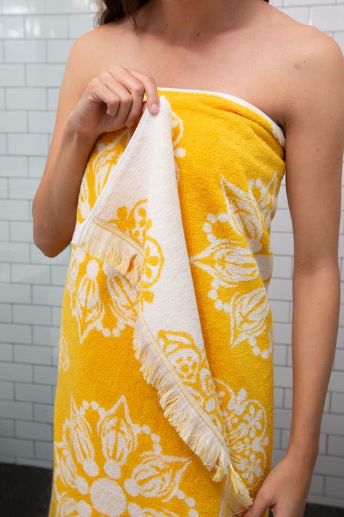 Infusezen Geometric Floral Organic Cotton Full Terry Turkish Towel In Yellow