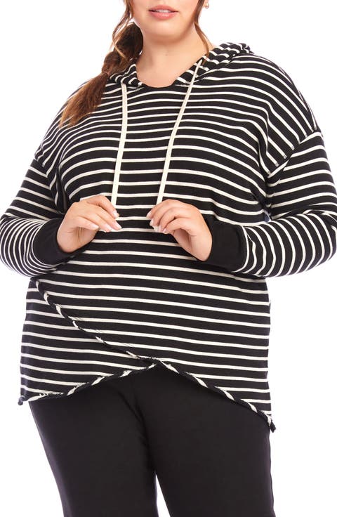Stripe Asymmetric Hem Hoodie (Plus)