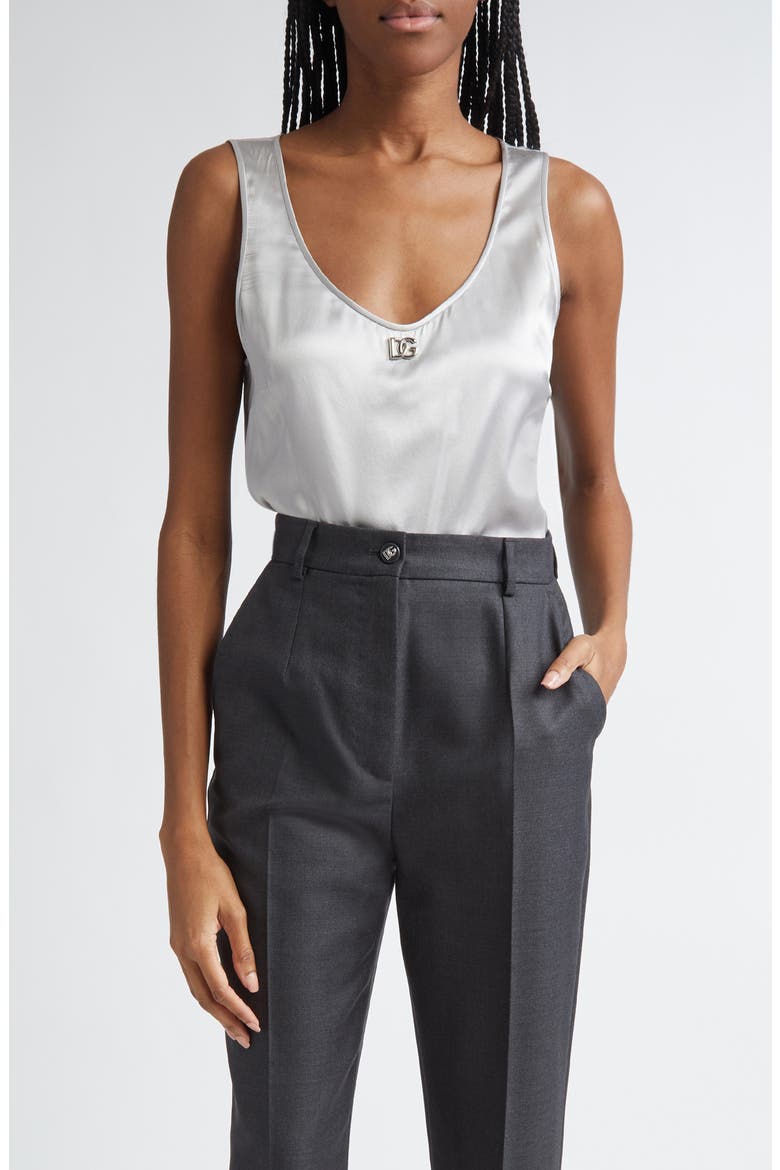 Logo Scoop Neck Stretch Silk Tank, Main, color, N4534 GRIGIO CHIARO
