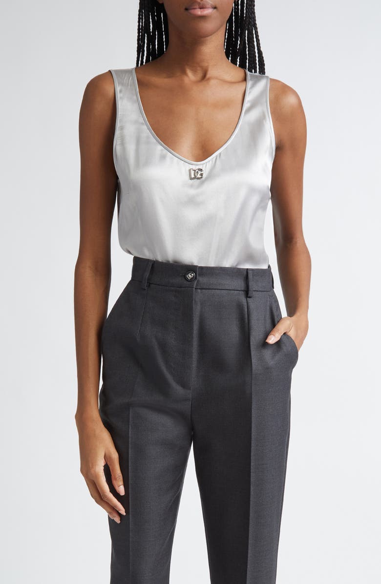 Dolce&Gabbana Logo Scoop Neck Stretch Silk Tank, Main, color, N4534 Grigio Chiaro