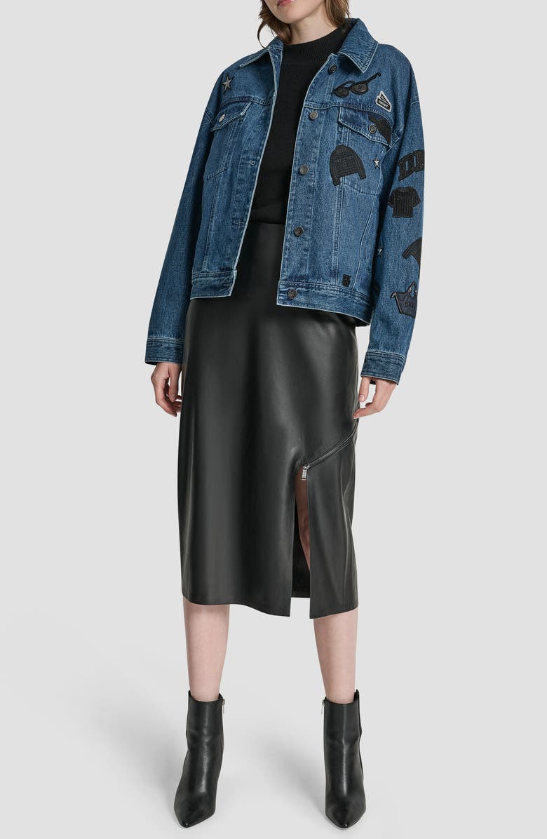 DKNY Logo Patch Denim Trucker Jacket, Alternate, color, Ludlow Wash