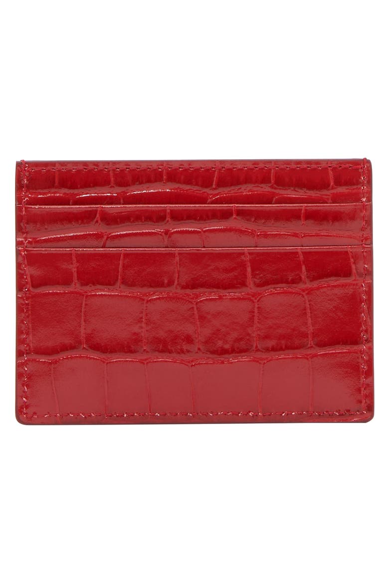 TB Monogram Croc Embossed Leather Card Case, Alternate, color, DARK CARMINE