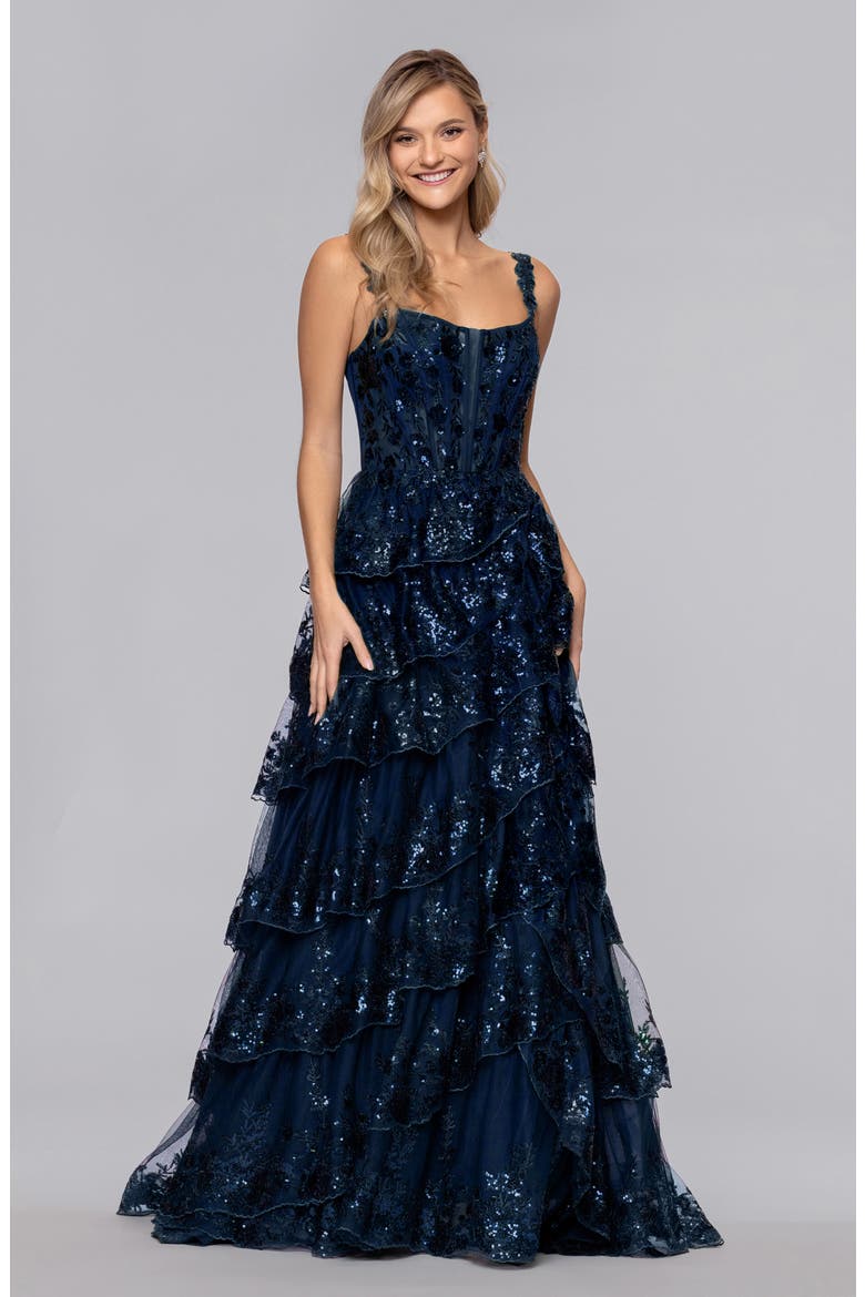 Sequin Tiered Ruffle Ballgown, Alternate, color, NAVY