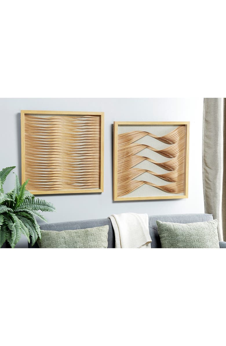 GINGER BIRCH STUDIO Brown Wood Handmade Abstract Shadow Box with Rattan Weaving - Set of 2, Alternate, color, Brown