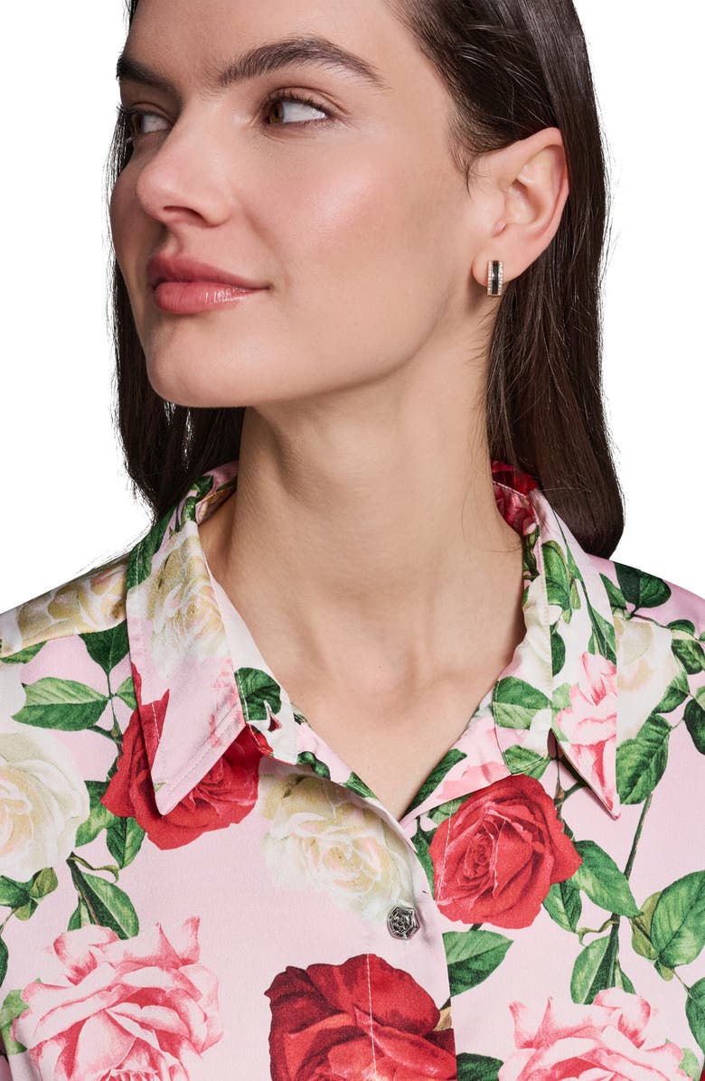KARL LAGERFELD PARIS Placed Floral Satin Button-Up Shirt, Alternate, color, Cornelia Rose/ Sft Wht Multi