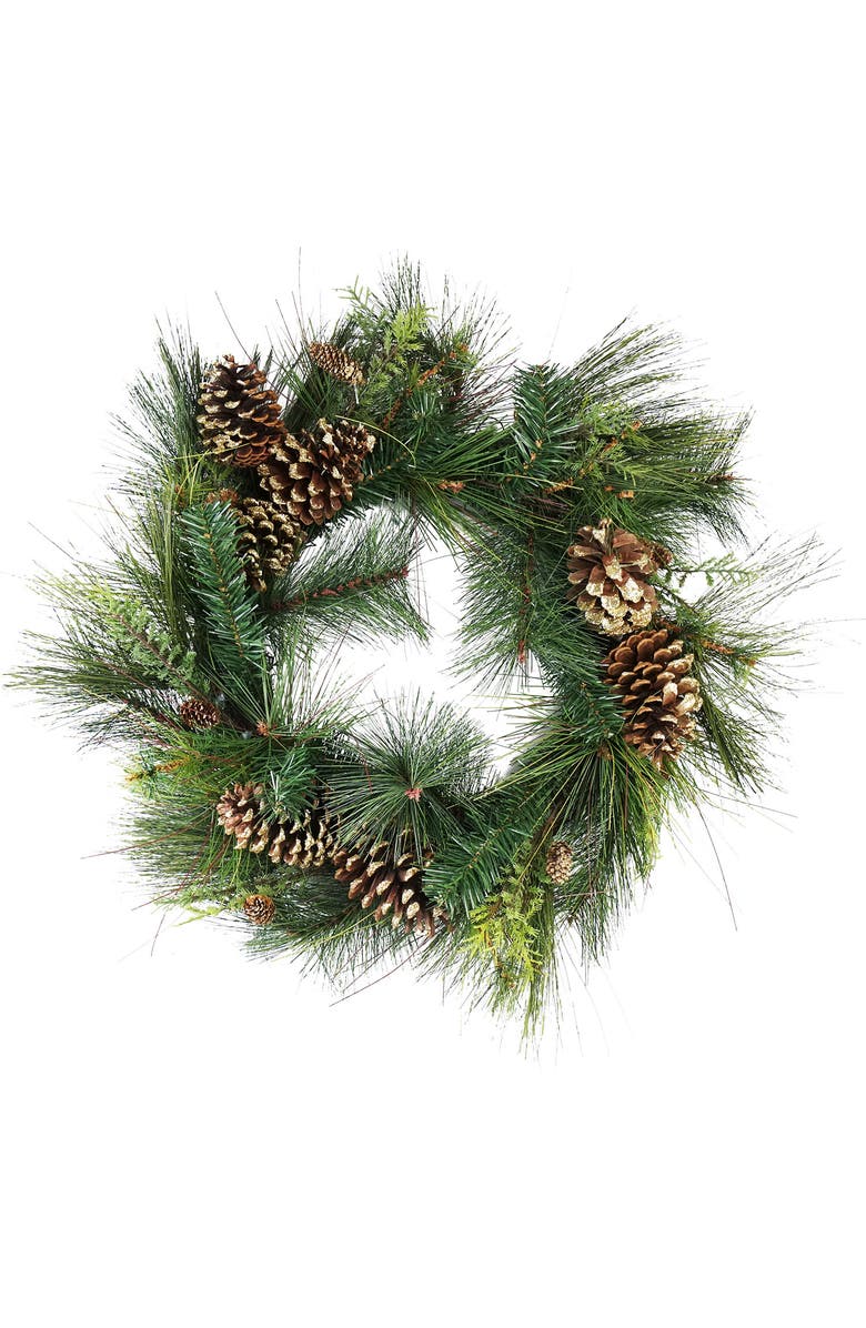 Northlight 30" Artificial Mixed Pine with Pine Cones and Gold Glitter Christmas Wreath - Unlit, Main, color,