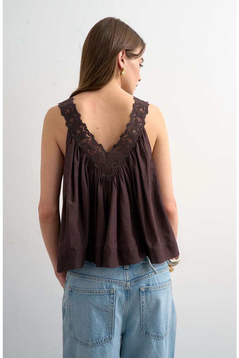 Deep V-Neck Lace Trapeze Top, Alternate, color, BROWN