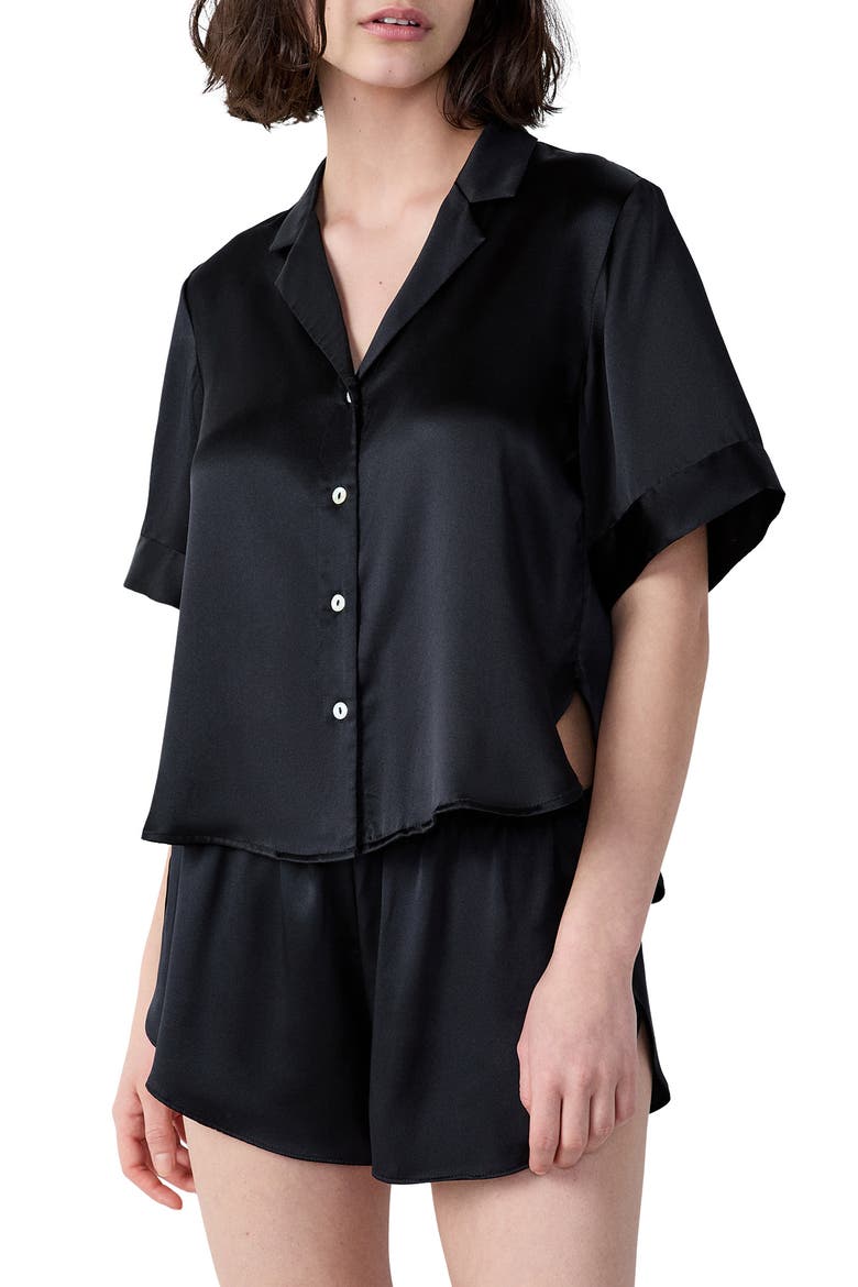 Pearly Silk Pajama Top, Main, color, BLACK