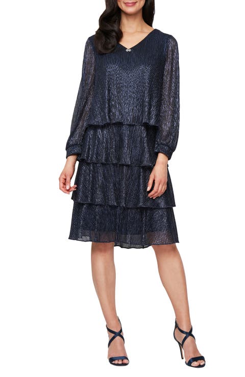 Metallic Long Sleeve Drop Waist Cocktail Dress