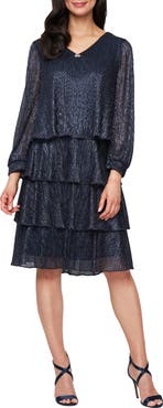 SL FASHIONS Metallic Long Sleeve Drop Waist Cocktail Dress