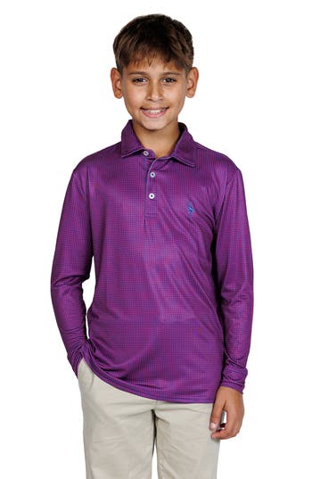Tailorbyrd Kids' Mini Houndstooth Print Long Sleeve Performance Polo In Purple