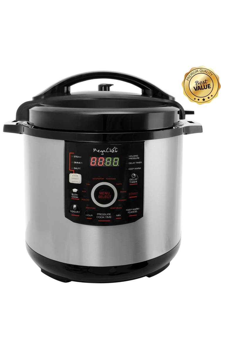 Megachef 12 Quart Steel Digital Pressure Cooker with 15 Presets and Glass Lid, Alternate, color, Grey