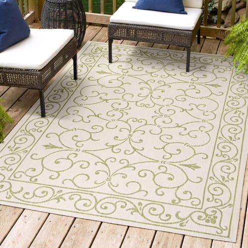 Jonathan Y Charleston Vintage Filigree Textured Weave Indoor/outdoor Green/cream Round Area Rug In Cream/green