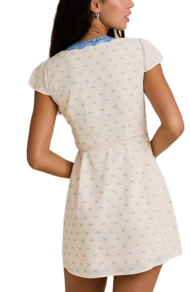 Knit and Lounge Wrap Lace Trim Flutter Sleeve Mini Dress, Alternate, color, Cream