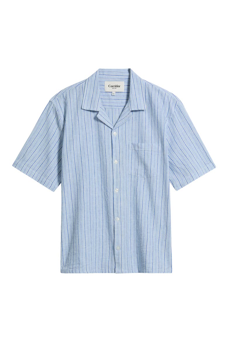 Stripe Cotton & Linen Camp Shirt, Main, color, BLU