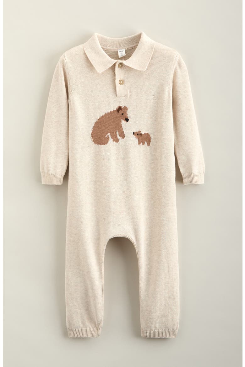 Collared Graphic Romper, Main, color, BEIGE O LIGHT HEATHER BEAR