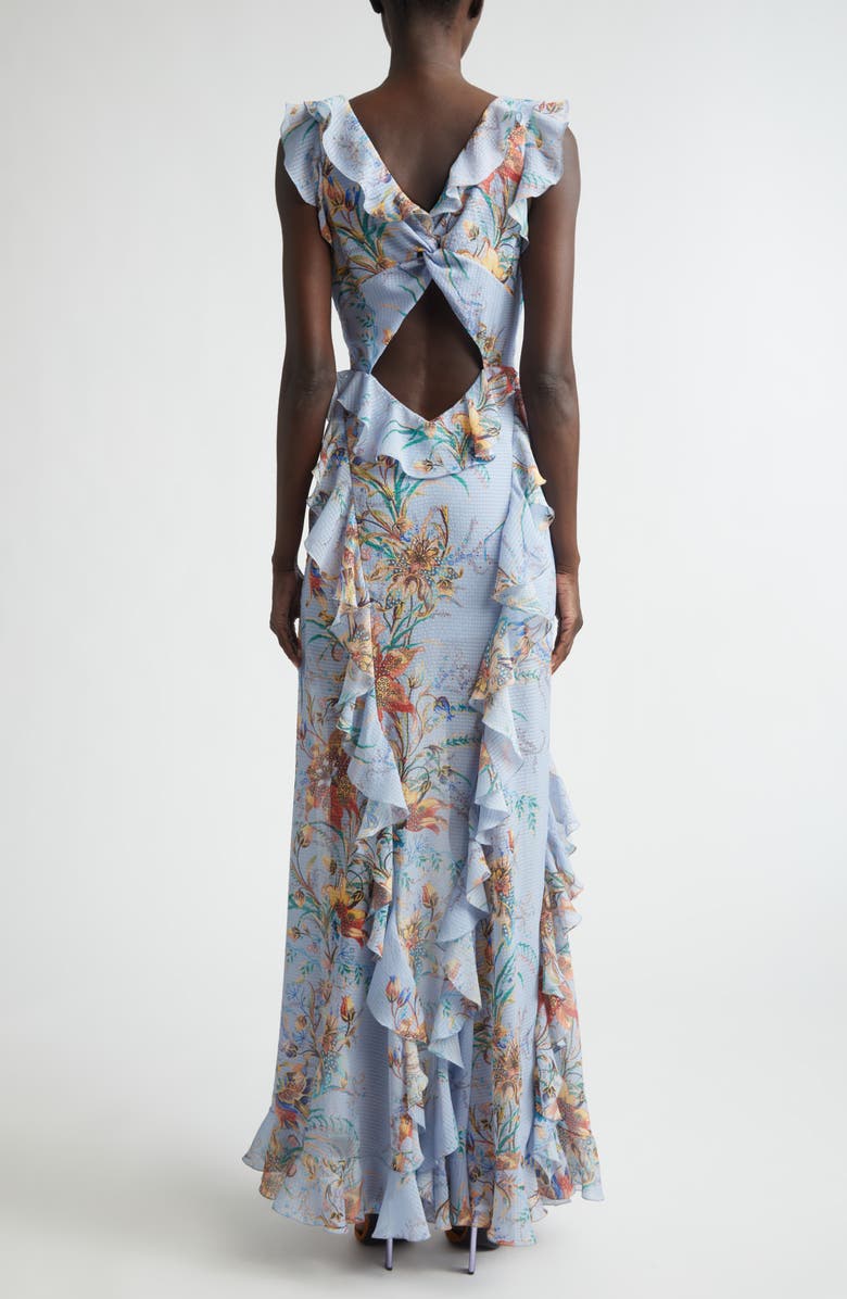 Etro Floral Ruffled Check Jacquard Gown, Alternate, color, Print On Pale Blue Base