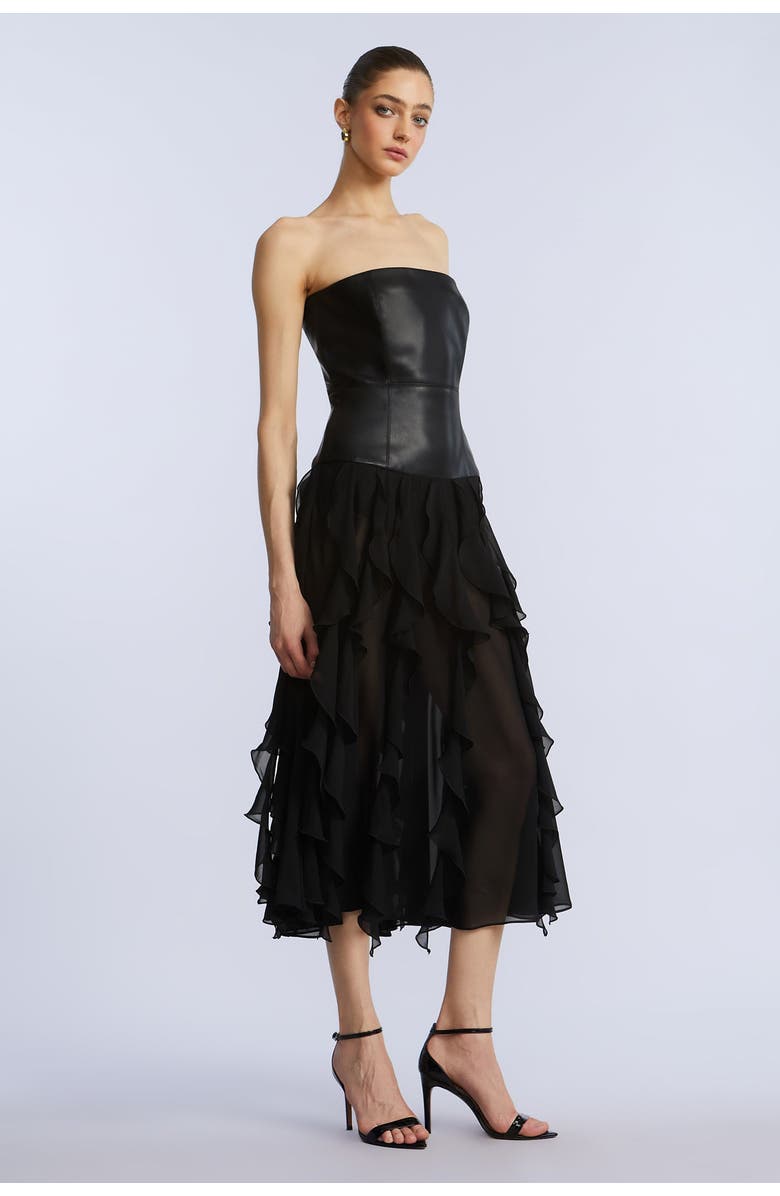BCBGMAXAZRIA Leather Chiffon Dress, Alternate, color, Black