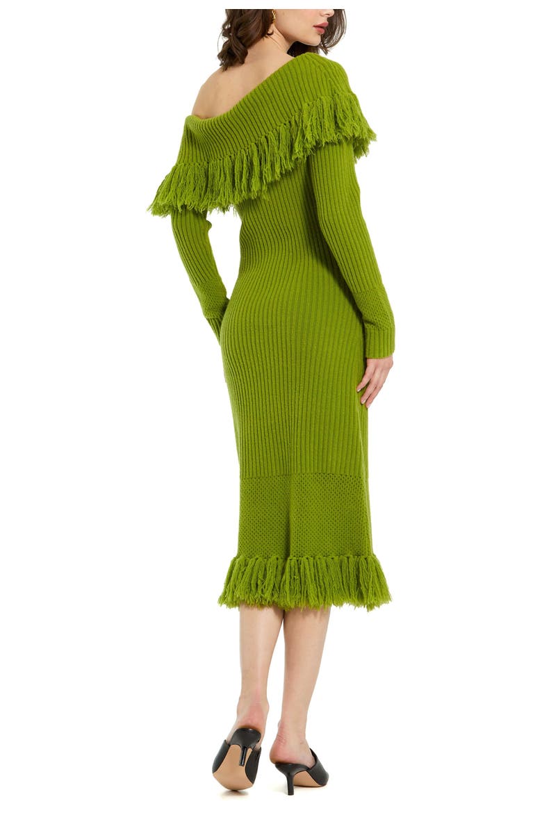 Mac Duggal Off The Shoulder Fringe Long Sleeve Knit Dress, Alternate, color, Pear