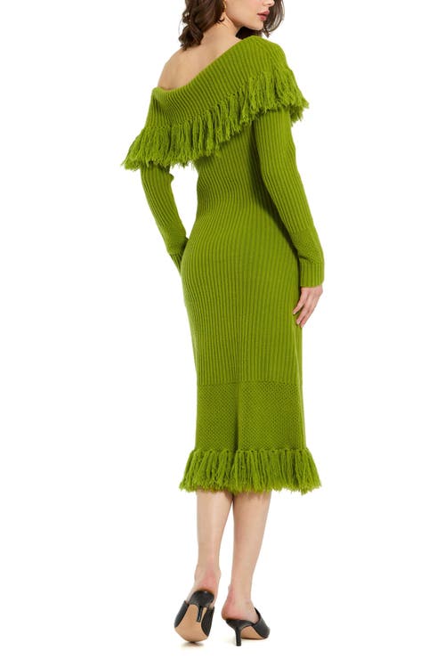 Mac Duggal Off The Shoulder Fringe Long Sleeve Knit Dress In Pear