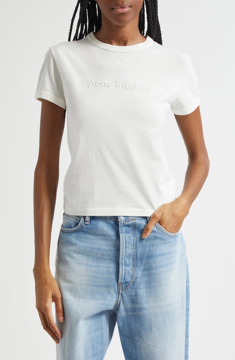 Acne Studios Etza Embroidered Logo Fitted Cotton T-Shirt, Main, color, Cold White