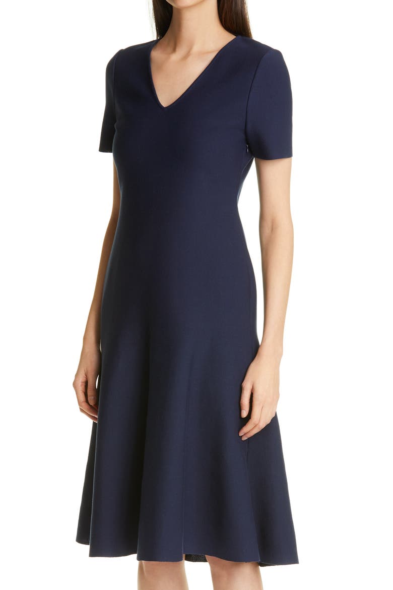 V-Neck Milano Knit Fit & Flare Dress, Alternate, color, NAVY