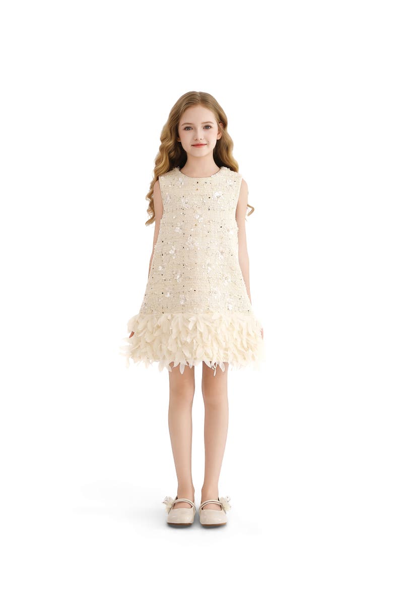 Tulleen Sequin Feather-Hem Dress, Alternate, color, Cream