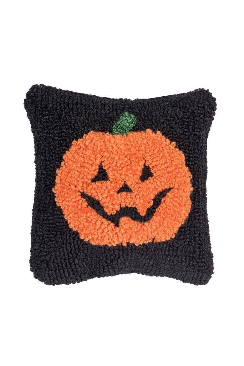 Jack O' Lantern Pumpkin Halloween Hooked Mini Accent Pillow 8" x 8", Main, color, Black