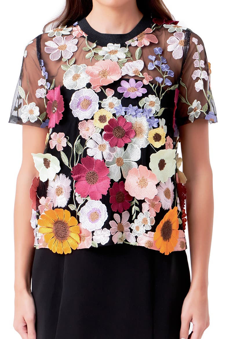Floral Embroidered Appliqué Organza Top, Alternate, color, BLACK