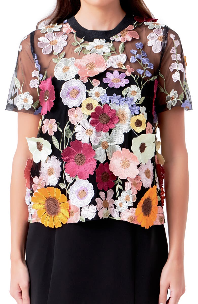 Endless Rose Floral Embroidered Appliqué Organza Top, Alternate, color, Black