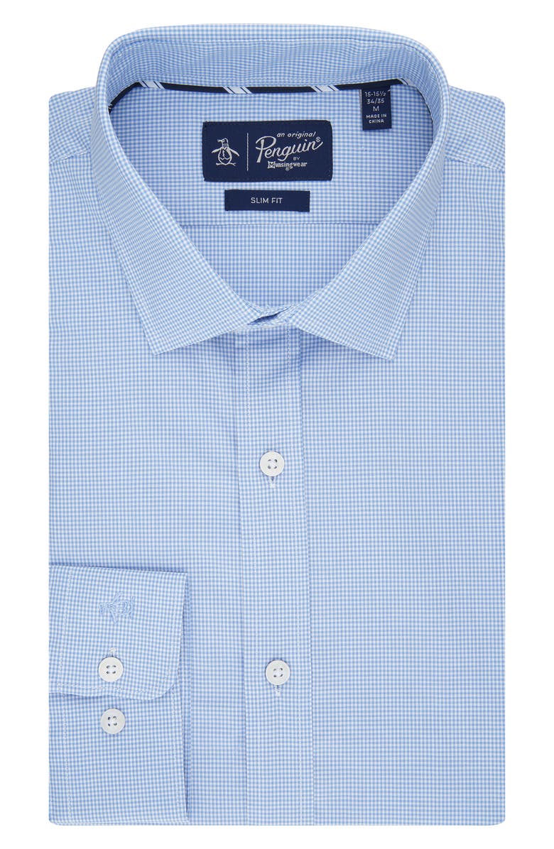 Original Penguin Gingham Print Slim Fit Dress Shirt, Main, color, Blue