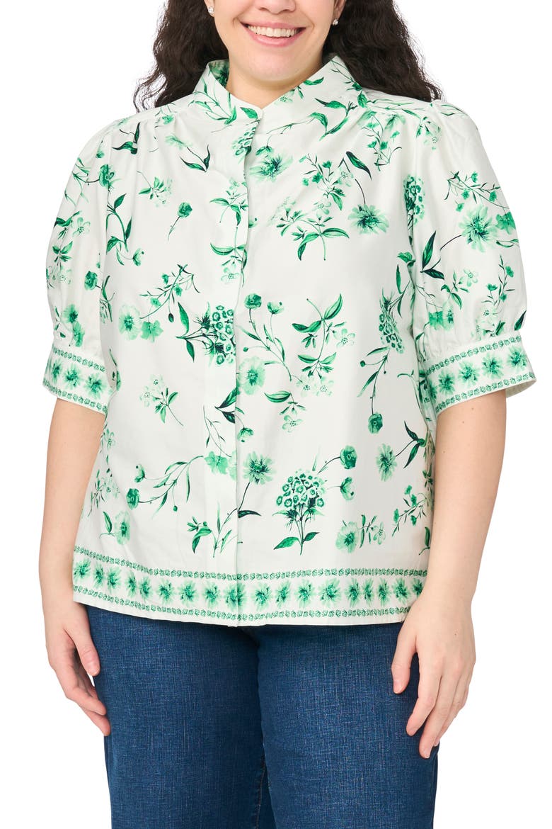 Floral Band Collar Placket Button-Up Shirt, Main, color, VIBRANT KELLY
