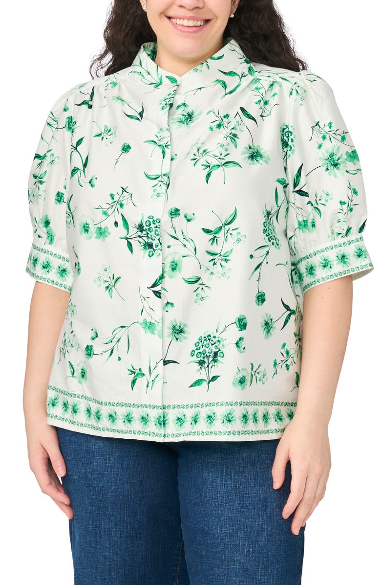 CeCe Floral Band Collar Placket Button-Up Shirt, Main, color, Vibrant Kelly