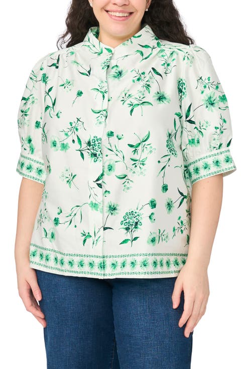 Floral Band Collar Placket Button-Up Shirt (Plus)